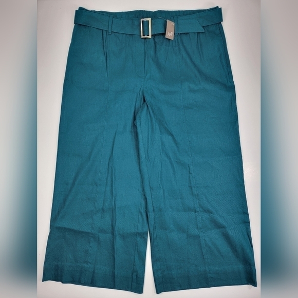 J. Jill Pants - J. Jill Womens Wide Leg Linen Stretch Pants XL Teal Green Belted High Rise New